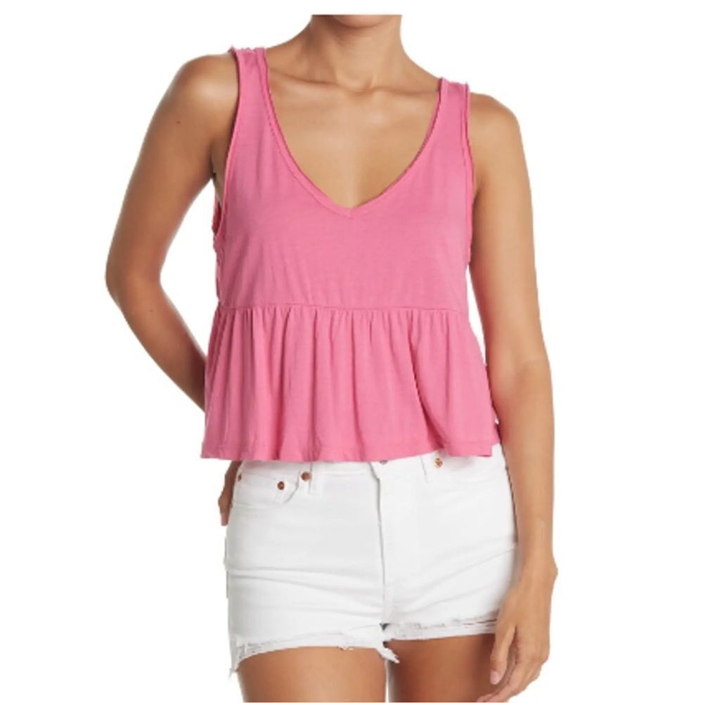 Abound hot pink baby doll cropped tank top w ruffle vneck front & back sz S